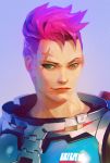  1girl absurdres green_eyes highres lips nose overwatch pink_hair power_suit rukiana scar scar_across_eye short_hair solo upper_body zarya_(overwatch) 