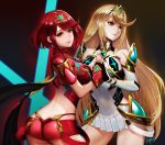  2girls artist_request blonde_hair blush breasts cleavage dress earrings fingerless_gloves gloves hair_ornament highres mythra_(xenoblade) pyra_(xenoblade) jewelry large_breasts long_hair multiple_girls red_eyes redhead short_hair shorts sidelocks smile tiara xenoblade xenoblade_2 yellow_eyes 