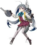  &gt;:) 1girl ahoge black_gloves blue_hair blush boots bow bowtie cross-laced_footwear dress eyebrows_visible_through_hair fujikawa full_body gloves grey_eyes grey_hair grey_legwear gun hair_between_eyes hair_ribbon holding holding_gun holding_weapon kantai_collection kiyoshimo_(kantai_collection) lace-up_boots long_hair looking_at_viewer low_twintails machinery multicolored_hair official_art pantyhose partly_fingerless_gloves ribbon rigging shirt sleeveless sleeveless_dress sleeves_rolled_up solo transparent_background turret twintails very_long_hair weapon white_ribbon white_shirt 