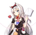  1girl american_flag american_flag_print azur_lane bangs bell between_fingers black_bow black_dress black_legwear blush bow closed_mouth dated dress eyebrows_visible_through_hair flag_print green_eyes hair_bow hammann_(azur_lane) hamster_(hanmster) head_tilt heart heart-shaped_box highres holding holding_paper jingle_bell long_hair looking_at_viewer paper print_neckwear puffy_short_sleeves puffy_sleeves short_sleeves silver_hair simple_background sitting solo thigh-highs v-shaped_eyebrows very_long_hair white_background 