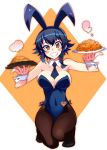  1girl animal_ears breasts bunny_girl bunnysuit detached_collar fake_animal_ears food girls_und_panzer highres kneeling kusanagi_tonbo large_breasts leotard pepperoni_(girls_und_panzer) rabbit_ears solo strapless strapless_leotard wrist_cuffs 