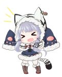 &gt;_&lt; 1girl animal_print arms_up azur_lane bailingxiao_jiu bangs binoculars blue_shirt blush boots brown_footwear capelet chang_chun_(azur_lane) chibi closed_eyes commentary_request cross-laced_footwear eyebrows_visible_through_hair facing_viewer fang full_body fur-trimmed_boots fur-trimmed_capelet fur-trimmed_hood fur-trimmed_skirt fur-trimmed_sleeves fur_trim hair_ornament hairclip hooded_capelet knee_boots lace-up_boots long_hair long_sleeves open_mouth pantyhose print_capelet shirt sidelocks silver_hair simple_background skirt sleeves_past_fingers sleeves_past_wrists solo standing star tail tiger_hood tiger_print tiger_tail wavy_mouth white_background white_capelet white_legwear wide_sleeves 