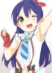  1girl arm_up armpits bangs blue_hair blush bokura_wa_ima_no_naka_de commentary_request eyebrows_visible_through_hair fingerless_gloves gloves hair_between_eyes long_hair love_live! love_live!_school_idol_project necktie one_eye_closed open_mouth red_gloves ribbon simple_background smile solo sonoda_umi suspenders tofu1601 upper_body yellow_eyes 