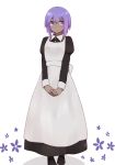  1girl alternate_costume apron bangs black_dress black_footwear closed_mouth collared_dress dark_skin dress eyebrows_visible_through_hair fate/prototype fate/prototype:_fragments_of_blue_and_silver fate_(series) full_body hassan_of_serenity_(fate) i.u.y juliet_sleeves long_sleeves looking_at_viewer own_hands_together puffy_sleeves purple_hair shoes short_hair sidelocks simple_background sleeve_cuffs smile solo standing tareme violet_eyes white_apron white_background wing_collar 