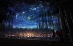  2girls commentary_request fence forest multiple_girls nature night night_sky original outdoors ponytail scenery silhouette sky standing star star_(sky) star_trail starry_sky tree zennmai_siki 