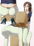  10s 1girl ass box brown_eyes brown_hair butt_crack cardboard_box carrying commentary_request glasses high_heels highres kouzuki_sanae oshiza panties panty_peek sakura_quest squatting sweat thong underwear whale_tail 