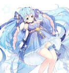  1girl absurdly_long_hair ahoge bare_shoulders blue_bow blue_eyes blue_gloves blue_hair blush bow breasts closed_mouth detached_sleeves eyebrows_visible_through_hair fingerless_gloves gloves hair_bow hair_ornament hatsune_miku large_breasts long_hair looking_at_viewer snowflake_hair_ornament solo tp_(kido_94) twintails very_long_hair vocaloid yuki_miku 