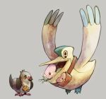 beak bird claws commentary flying fushigi_no_dungeon glitchedpuppet grey_background highres luvdisc mailbag no_humans pelipper pidove pokemon pokemon_fushigi_no_dungeon simple_background standing swimming water wings yellow_eyes 