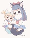  2girls :3 :d animal_ears artist_name bangs blue_eyes blue_hair blue_sailor_collar blue_skirt blunt_bangs blush bow chibi closed_mouth commentary_request fake_animal_ears fake_tail grey_background hair_bow hair_ornament hair_scrunchie hairband highres holding_hand long_sleeves looking_at_viewer manino_(mofuritaionaka) multiple_girls neckerchief open_mouth orange_hair pipimi pleated_skirt poptepipic popuko red_bow red_neckwear sailor_collar scrunchie shirt signature simple_background skirt smile twintails white_shirt 
