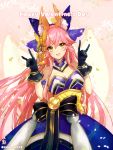  1girl :d alternate_costume animal_ears black_gloves blue_ribbon breasts cleavage commentary_request english eyebrows_visible_through_hair fate/grand_order fate_(series) fox_ears fox_shadow_puppet gloves hair_ornament hair_ribbon hands_up happy_valentine large_breasts long_hair obi open_mouth pink_hair ribbon sash shutsuri smile solo tamamo_(fate)_(all) tamamo_no_mae_(fate) twitter_username valentine very_long_hair yellow_eyes 