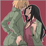  2girls angry asuka_(junerabitts) bangs black_hair closed_mouth eyebrows_visible_through_hair from_side frown girls_und_panzer green_jacket green_jumpsuit hands_on_hips jacket katyusha long_sleeves looking_at_another military military_uniform multiple_girls nonna open_clothes open_jacket open_mouth pravda_military_uniform red_background red_shirt shirt sitting standing swept_bangs unbuttoned unbuttoned_shirt uniform yuri 