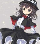  1girl bangs black_bow black_capelet bow bowtie braid brown_eyes brown_hair capelet coraman fedora grey_background hair_bow hat hat_bow high-waist_skirt light_particles long_sleeves looking_at_viewer medium_skirt petticoat red_bow red_neckwear shirt short_hair side_braid simple_background sketch skirt solo touhou usami_renko white_bow white_shirt 