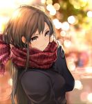  1girl arm_at_side bangs black_coat black_hair blurry blurry_background bokeh breasts brown_eyes buttons closed_mouth coat commentary_request depth_of_field eyelashes fingernails fringe from_side giba_(out-low) hair_between_eyes hand_up highres holding holding_scarf lens_flare long_hair long_sleeves looking_at_viewer nose original outdoors pink_lips red_scarf scarf small_breasts smile solo upper_body 