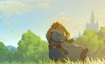  1boy 1girl belt blonde_hair blue_sky castle clouds dress grass hug jane_bak leaf link pointy_ears pouch princess_zelda scenery sky strap sunlight the_legend_of_zelda the_legend_of_zelda:_breath_of_the_wild tree white_dress 