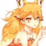  1girl animal_ears bare_shoulders blush brown_hair collarbone commentary_request extra_ears eyebrows_visible_through_hair ezo_red_fox_(kemono_friends) fox_ears hair_between_eyes kemono_friends kyuuponkuku long_hair looking_away multicolored_hair open_mouth orange_eyes orange_hair sandstar simple_background solo upper_body white_background 