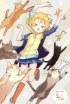  &gt;_&lt; 1girl :3 :d animal animal_hood black_footwear cat cat_day cat_hood closed_eyes dated hood hooded_jacket hoshizora_rin jacket jumping kneehighs love_live! love_live!_school_idol_project navy_blue_skirt open_mouth orange_hair orange_legwear paw_pose paw_print pleated_skirt rassie_s shoes short_hair skirt sleeves_folded_up smile solo too_many too_many_cats v-shaped_eyebrows x3 xd 