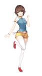  1girl :d badminton_girls blush bracelet brown_eyes brown_hair full_body hair_ornament highres hirose_kanako jewelry looking_at_viewer one_leg_raised open_mouth red_footwear short_hair short_shorts short_sleeves shorts simple_background smile solo standing standing_on_one_leg white_background yellow_shorts 
