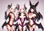  3girls ahoge animal_ears black_gloves black_hair braid breasts cleavage collar collarbone cowboy_shot demon_girl dungeon_and_fighter elbow_gloves facial_mark gloves gradient gradient_background horns long_hair looking_at_viewer lunacle medium_breasts multiple_girls nyarly_the_forbidden open_mouth red_eyes revealing_clothes short_hair smile standing succubus twin_braids twintails violet_eyes white_hair wings 