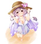 1girl bare_legs barefoot bow breasts brown_hat chisato_(missing_park) cleavage collarbone dress flower flower_knight_girl from_above full_body hat hat_bow hat_flower hototogisu_(flower_knight_girl) jacket_on_shoulders large_breasts long_hair looking_at_viewer perspective pink_bow purple_hair raised_eyebrows simple_background solo standing standing_on_one_leg sun_hat violet_eyes white_background white_bow white_dress 