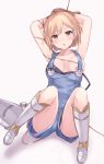  1girl armpits arms_up bdsm blonde_hair blush bondage bound breasts brown_eyes cleavage collarbone djeeta_(granblue_fantasy) gag gagged granblue_fantasy highres ichijou_(kr_neru0) looking_at_viewer medium_breasts rope short_hair solo tied_up 