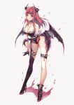  1girl bat_wings black_wings bodysuit breasts chococuco choker demon demon_girl highres horns long_hair looking_at_viewer multiple_wings original pointy_ears red_eyes redhead ribbon simple_background solo standing succubus thigh-highs white_background wings 