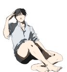 1boy bare_legs barefoot black_eyes black_hair doya expressionless eyebrows_visible_through_hair fullmetal_alchemist grey_shirt hand_in_hair long_sleeves looking_away male_focus one_eye_closed roy_mustang serious shaded_face shirt short_hair shorts simple_background white_background 