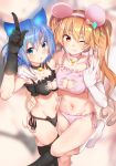  1girl 2girls :o ;) animal_ears ansatsuken_wa_cheat_ni_fukumaremasu_ka?_kanojo_to_mezasu_saikyou_gamer bangs bare_shoulders bell bell_choker black_bra black_choker black_gloves black_neckwear black_panties blue_eyes blue_hair blush bow bra breasts brown_hair cat_cutout cat_ear_panties cat_ears cat_lingerie choker cleavage_cutout closed_mouth commentary elbow_gloves eyebrows_visible_through_hair fake_animal_ears feet_out_of_frame frilled_bra frills gloves gradient_bow hair_between_eyes hair_bow hair_ornament hand_on_another&#039;s_shoulder hands_up highres jewelry jingle_bell large_breasts legs_together long_hair looking_at_viewer medium_breasts meme_attire midriff mouse_ears multiple_girls navel necklace one_eye_closed one_leg_raised open_mouth orange_eyes panties paw_pose pink_choker pink_gloves pink_neckwear ryouma_(galley) short_hair side-tie_panties skindentation smile sparkle standing standing_on_one_leg stomach string_panties teeth thigh-highs twintails underwear underwear_only v very_long_hair white_footwear white_legwear 