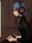  1girl absurdres bebe1999 black_sweater blue_hair brand_name_imitation brown_eyes controller from_side headphones highres jewelry lips necklace original playing_games sitting solo sweatdrop sweater turtleneck turtleneck_sweater worried 