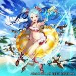  1girl :d aiming amaterasu_(valkyrie_connect) armpits bare_shoulders bikini blue_hair blue_sky blush breasts clouds cloudy_sky commentary_request day fisheye frilled_bikini frills hair_ornament hair_scrunchie holding innertube looking_at_viewer matsui_hiroaki navel ocean official_art open_mouth outdoors palm_tree red_eyes scrunchie sitting sky small_breasts smile solo swimsuit tree twintails valkyrie_connect water_gun watermark white_bikini wristband 