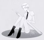  androgynous boots cairngorm_(houseki_no_kuni) gem_uniform_(houseki_no_kuni) grey_background high_heels houseki_no_kuni looking_at_viewer nao_(necomugi) necktie scabbard sheath short_hair shorts silver_hair sitting solo sword weapon white_eyes white_hair 