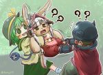  1boy 2girls ? animal_ears bangs bow brown_hair cape chamaji crossover ears_through_headwear eyebrows_visible_through_hair facial_mark flying_sweatdrops furry grass green_hair green_skirt hat hat_bow hat_ribbon helmet highres horned_helmet komeiji_koishi l long_hair long_sleeves made_in_abyss mechanical_arms multiple_girls nanachi_(made_in_abyss) open_mouth pants paws pulling regu_(made_in_abyss) ribbon shirt signature skirt socks tail third_eye touhou tree twitter_username whiskers white_hair wide_sleeves 