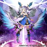  1girl armor aura bare_shoulders blue_eyes boots breasts closed_mouth greaves head_wings looking_at_viewer matsui_hiroaki medium_breasts official_art purple_hair solo standing twintails valkyrie_connect watermark wings 