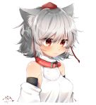  1girl abe_suke animal_ears bangs blush breasts brown_eyes closed_mouth collar commentary_request detached_sleeves eyebrows_visible_through_hair grey_hair hat inubashiri_momiji medium_breasts pom_pom_(clothes) red_hat short_hair signature simple_background solo sweat tokin_hat touhou upper_body white_background wolf_ears 