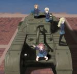  4girls artist_request assam blonde_hair brick brick_road brown_eyes churchill_(tank) darjeeling girls_und_panzer ground_vehicle highres long_hair military military_vehicle motor_vehicle multiple_girls necktie orange_hair orange_pekoe redhead rosehip school_uniform short_hair skirt st._michael&#039;s_school_uniform tank 