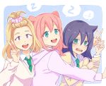  3girls black_hair blonde_hair blue_eyes commentary_request green_eyes hakka0320 kuroki_tomoko multiple_girls necktie nemoto_hina okada_akane pink_hair school_uniform sweater v violet_eyes watashi_ga_motenai_no_wa_dou_kangaetemo_omaera_ga_warui! 