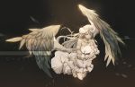  1girl absurdres albedo black_background black_hair black_wings breasts demon_girl demon_horns demon_wings dress gloves grey_background hair_between_eyes highres horns large_breasts long_hair looking_at_viewer overlord_(maruyama) skull solo white_dress white_gloves wings yellow_eyes 