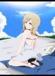  1girl annria2002 barefoot blonde_hair blue_eyes bra breasts dress kingdom_hearts kingdom_hearts_ii medium_hair namine panties solo underwear white_dress 