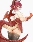  1girl araco ass back black_legwear black_panties claw_(weapon) dragon_horns dragon_tail dragon_wings granblue_fantasy grea_(shingeki_no_bahamut) highres horns looking_at_viewer panties pointy_ears purple_hair red_eyes shingeki_no_bahamut short_hair skirt tail thigh-highs underwear weapon wings 