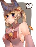  1girl ? alternate_breast_size amakaze animal_ears bare_shoulders blonde_hair blue_eyes blush breasts closed_mouth collarbone eyebrows_visible_through_hair fox_ears kemomimi_vr_channel large_breasts looking_at_viewer mikoko_(kemomimi_vr_channel) short_hair short_twintails sideboob solo speech_bubble spoken_question_mark twintails virtual_youtuber 