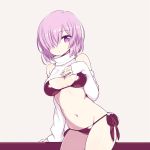  1girl arm_support bikini black_bikini breasts chan_co cleavage detached_sleeves fate/grand_order fate_(series) hair_over_one_eye hand_on_own_chest large_breasts looking_at_viewer mash_kyrielight navel purple_hair short_hair side-tie_bikini simple_background solo swimsuit turtleneck violet_eyes 