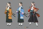  1girl copyright_name dango dual_wielding eating floral_print flower food grey_background grey_eyes grey_hair hair_flower hair_ornament hakama holding holding_sword holding_weapon japanese_clothes katana long_hair looking_at_viewer multiple_views official_art open_mouth ponytail qurare_magic_library sandals sheath sheathed sidelocks sword wagashi weapon white_legwear zzinp 