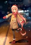  1girl 2017 :o ankle_boots artist_name beanie blurry blurry_background blush boots brown_eyes coat eyebrows_visible_through_hair full_body fur-trimmed_boots fur_trim hair_ornament hairclip happy_new_year hat light long_hair long_sleeves mittens new_year night night_sky noodle-y open_mouth original outdoors pink_hair pocket red_footwear red_scarf road scarf shadow signature sky solo standing standing_on_one_leg street very_long_hair winter_clothes winter_coat 