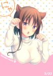  1girl :o animal_ears bangs blush breasts brown_hair cat_day cat_ears copyright_name dated eyebrows_visible_through_hair hagino_chiaki highres hinako_note kemonomimi_mode long_sleeves march-bunny nyan paw_pose polka_dot polka_dot_background shirt short_hair_with_long_locks solo turtleneck upper_body violet_eyes white_shirt 