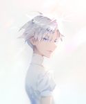  androgynous antarcticite blue_eyes gem_uniform_(houseki_no_kuni) highres houseki_no_kuni karesuki short_hair short_sleeves smile solo white_hair 