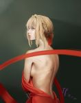  1girl bangs blonde_hair blue_eyes braid breasts bule-talent clothes_removed dress eyebrows_visible_through_hair from_behind hair_between_eyes hair_intakes hair_ribbon highres looking_to_the_side medium_breasts red_dress red_ribbon ribbon scar sideboob topless undressing violet_evergarden violet_evergarden_(character) 