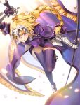  1girl banner blonde_hair blush boots braid breasts capelet chains commentary_request dress eyebrows_visible_through_hair fate/apocrypha fate_(series) headpiece highres holding holding_sword holding_weapon hoshizaki_reita jeanne_d&#039;arc_(fate) jeanne_d&#039;arc_(fate)_(all) large_breasts light_smile long_hair looking_at_viewer parted_lips purple_capelet purple_dress purple_legwear single_braid solo sword thigh-highs violet_eyes weapon 