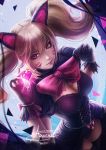  1girl alexandra_mae animal_ears artist_name black_cat_d.va black_dress black_gloves black_legwear blonde_hair bow bowtie breasts brown_eyes cat_ears cleavage cleavage_cutout closed_mouth d.va_(overwatch) dress dutch_angle facial_mark from_above gloves glowing heart holding large_breasts lips long_hair looking_up overwatch pearl pink_bow puffy_short_sleeves puffy_sleeves short_sleeves signature smile solo standing thigh-highs twintails whisker_markings 
