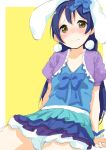  1girl animal_ears arm_support bangs blue_hair blush closed_mouth earrings embarrassed eyebrows_visible_through_hair hair_between_eyes jewelry long_hair looking_at_viewer love_live! love_live!_school_idol_festival love_live!_school_idol_project rabbit_ears ribbon simple_background sitting solo sonoda_umi tofu1601 wavy_mouth yellow_background yellow_eyes 