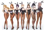  6+girls animal_ears aqua_eyes ass bangs bare_shoulders black_gloves black_hair black_leotard blonde_hair blue_eyes breasts brown_eyes brown_hair bunny_tail bunnysuit cleavage collarbone commentary_request covered_navel cropped_jacket daglasses dark_skin detached_sleeves elbow_gloves erect_nipples eyebrows_visible_through_hair fake_animal_ears full_body gloves grey_hair hand_on_hip high_heels highres jacket large_breasts leotard long_hair looking_at_viewer multiple_girls open_clothes open_jacket original pale_skin pantyhose purple_hair rabbit_ears red_eyes short_hair simple_background smile standing strapless strapless_leotard tail violet_eyes white_background white_gloves wrist_cuffs yellow_eyes 