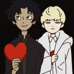  2boys asuka_ryou black_background black_hair blonde_hair blue_eyes brown_eyes cleft_chin devilman devilman_crybaby fudou_akira heart hiding jitome looking_to_the_side male_focus multiple_boys official_art simple_background valentine white_coat 